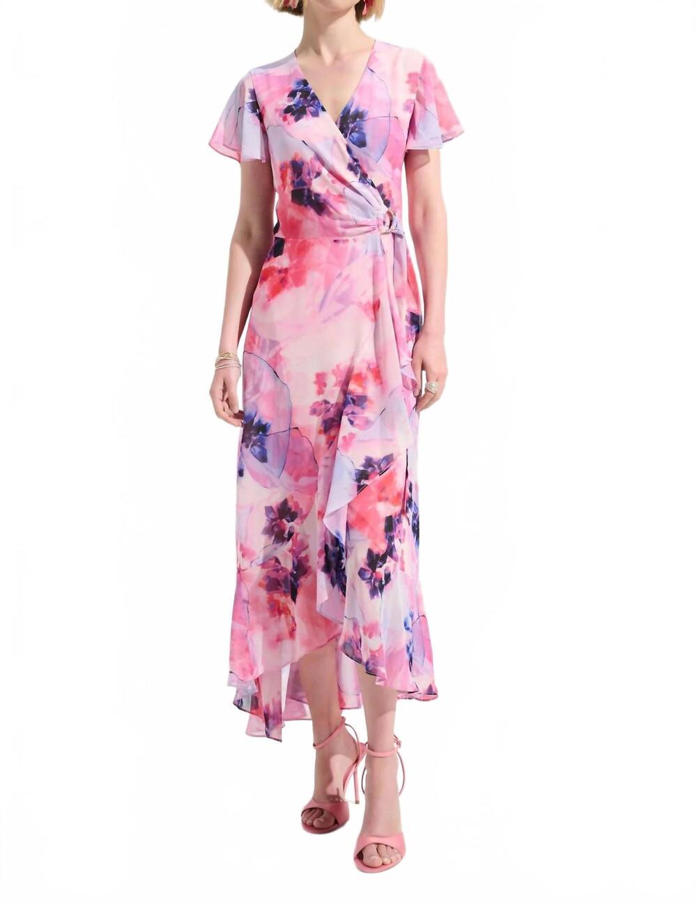 NEW JOSEPH RIBKOFF printed chiffon high low wrap dress in pink multi